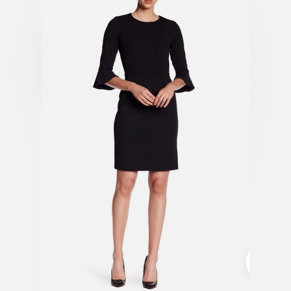 EUC Donna Morgan Black Bell 3/4 Ruffle Sleeve Stretch Sheath Womens Dress Size 2
